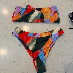 Colorful Abstract Bandeau Bikini Set High Cut Bottom Size L